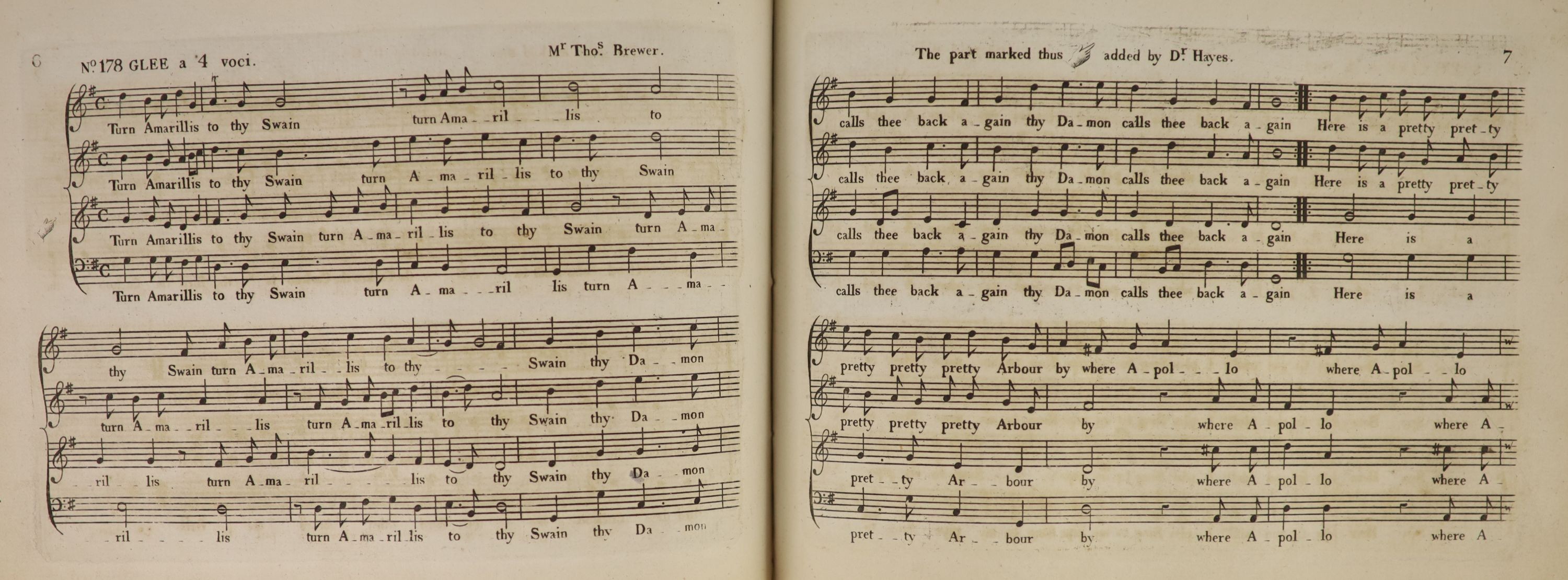 Various. Anon - A Collection of Catches, Canons, Glees, Duets &c, selected from the works of the most eminent composers Antient and Modern. 4 vols bound together. Title page to each volume. Half morocco and pebbled cloth